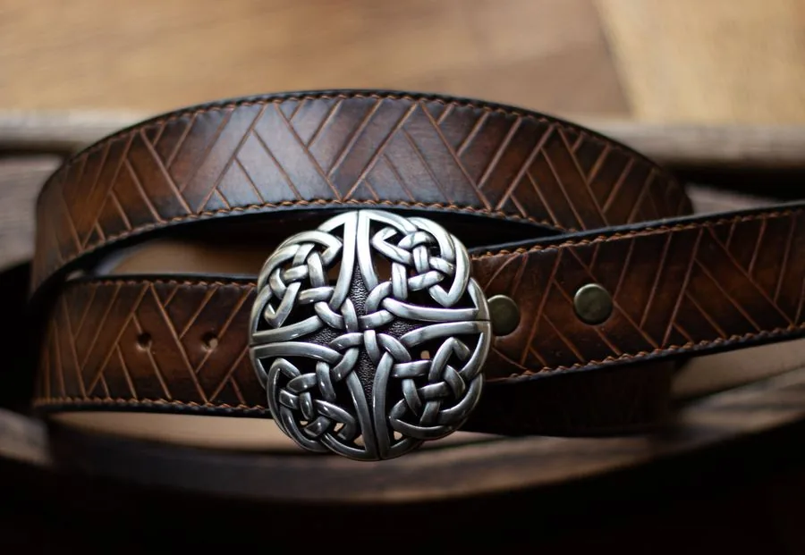 Ceinture gravée de motifs géométriques et boucle à entrelacs celtiques