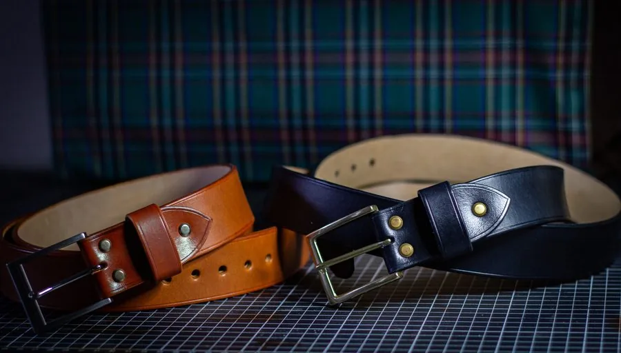 Deux ceintures, l'une cognac, l'autre noire, sur un tissu écossais